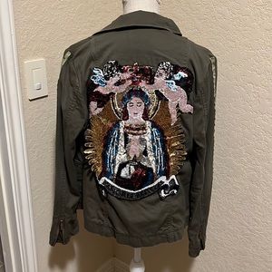 Cotton Military Jacket With Mother of Guadalupe Application. Size M